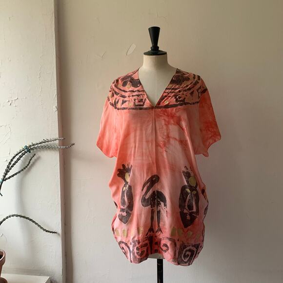 Vintage 80s BOHO Laise Adzer Hand-Painted Silk Tunic Top Bird Print Lagenlook - Picture 4 of 9